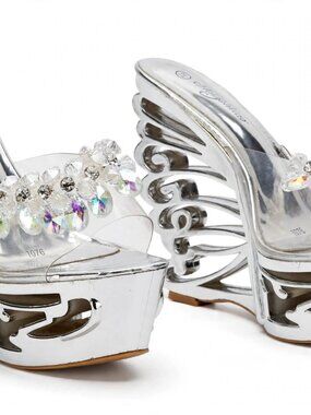 Clear Crystal Wedge Mules Silver Sculpted Heel